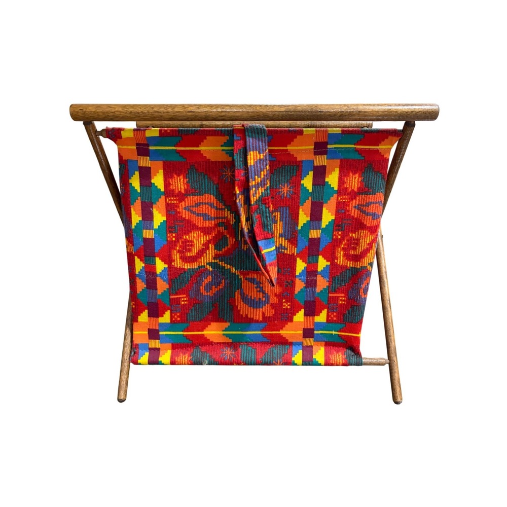 Vintage Folding Wooden Sewing Basket Craft Knitting Storage Fabric Lined Boho